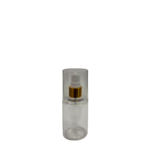 Botella Tubo Cosmética PET Cristal 100 ml Atomizador de botón Blanco Casquillo Dorado con Sobretapa