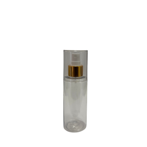 Botella Tubo Cosmética PET Cristal 150 ml Atomizador de botón Blanco Casquillo Dorado con Sobretapa
