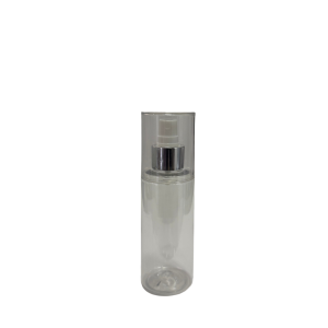 Botella Tubo Cosmética PET Cristal 150 ml Atomizador de botón Blanco Casquillo Plateado con Sobretapa
