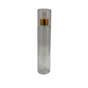 Botella Tubo Cosmética PET Cristal 250 ml Atomizador de botón Blanco Casquillo Dorado con Sobretapa