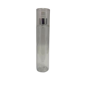 Botella Tubo Cosmética PET Cristal 250 ml Atomizador de botón Blanco Casquillo Plateado con Sobretapa