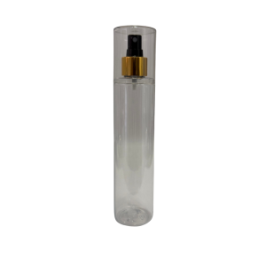 Botella Tubo Cosmética PET Cristal 250 ml Atomizador de botón Negro Casquillo Dorado con Sobretapa
