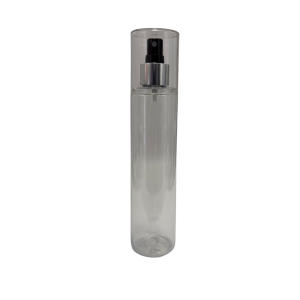 Botella Tubo Cosmética PET Cristal 250 ml Atomizador de botón Negro Casquillo Plateado con Sobretapa