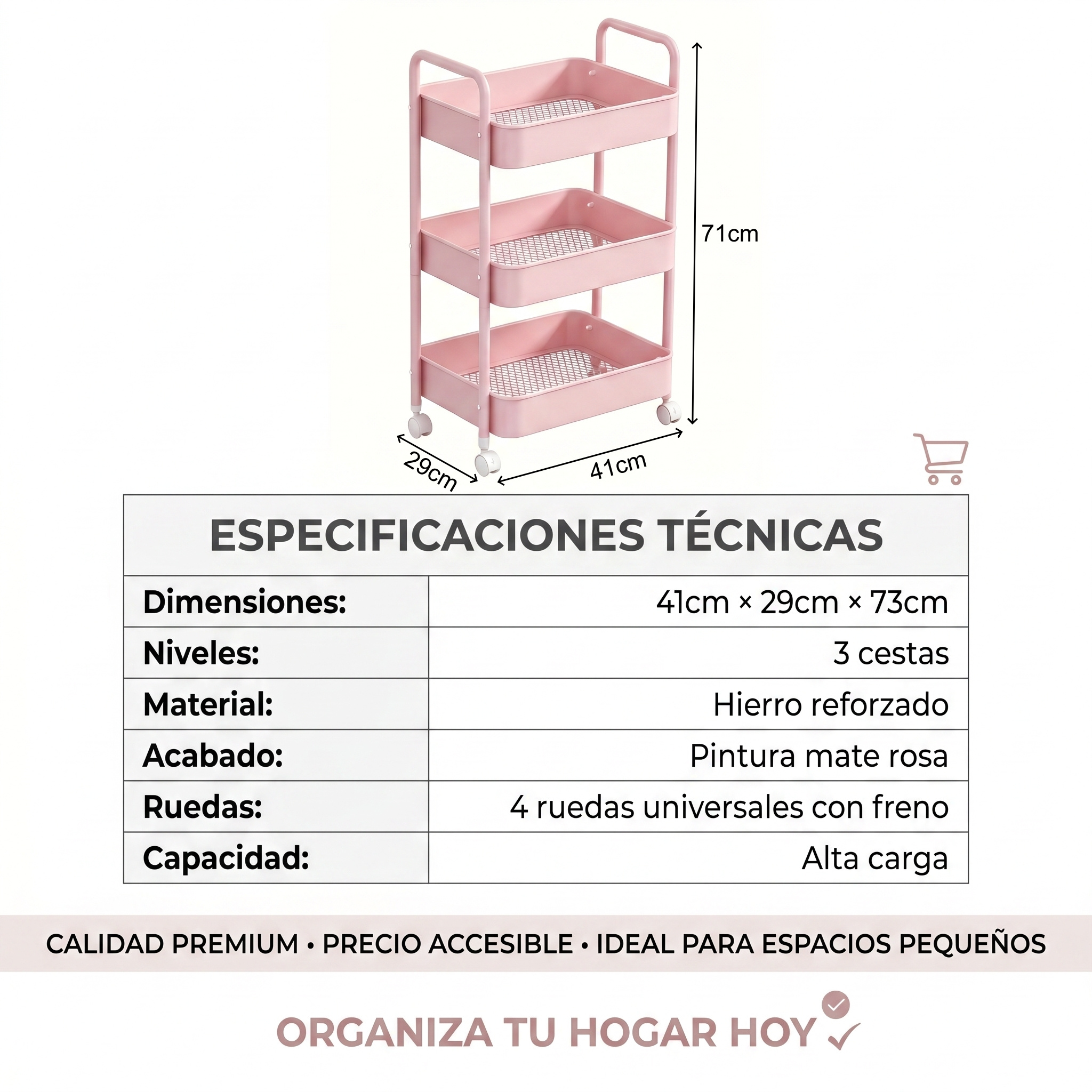Carrito Organizador de 3 Niveles con Ruedas | Estante Auxiliar para Spa y Salón