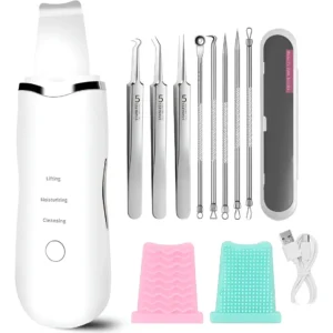 Skin Scrubber Ultrasónico 3 en 1 para Limpieza Facial con kit Sacacomedones de Acero